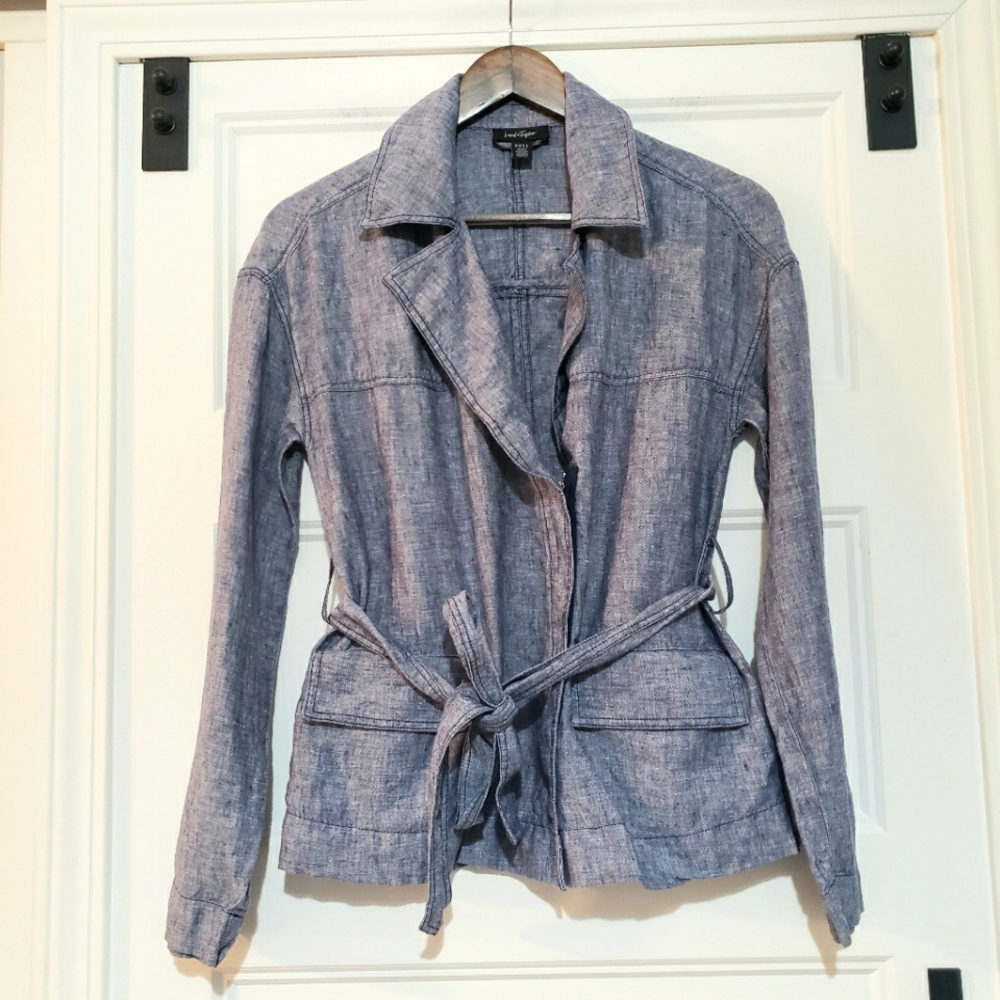 Lord Taylor Linen Zip Blazer Top Belted 2 Pocket Heather Grey Top Womens S